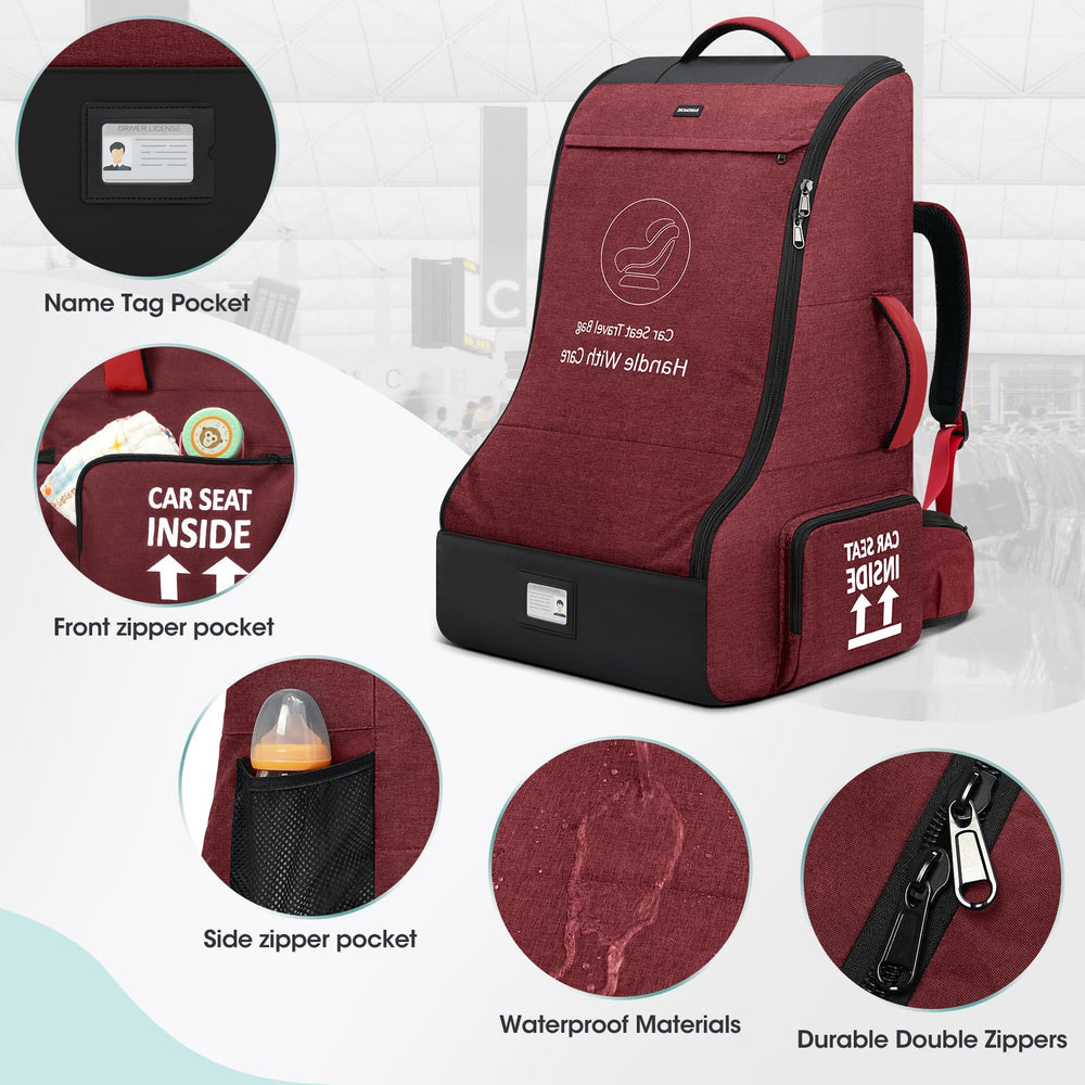 RAINSMORE padded car seat travel bag dimensions and capacity illustration in red