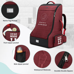 RAINSMORE padded car seat travel bag dimensions and capacity illustration in red