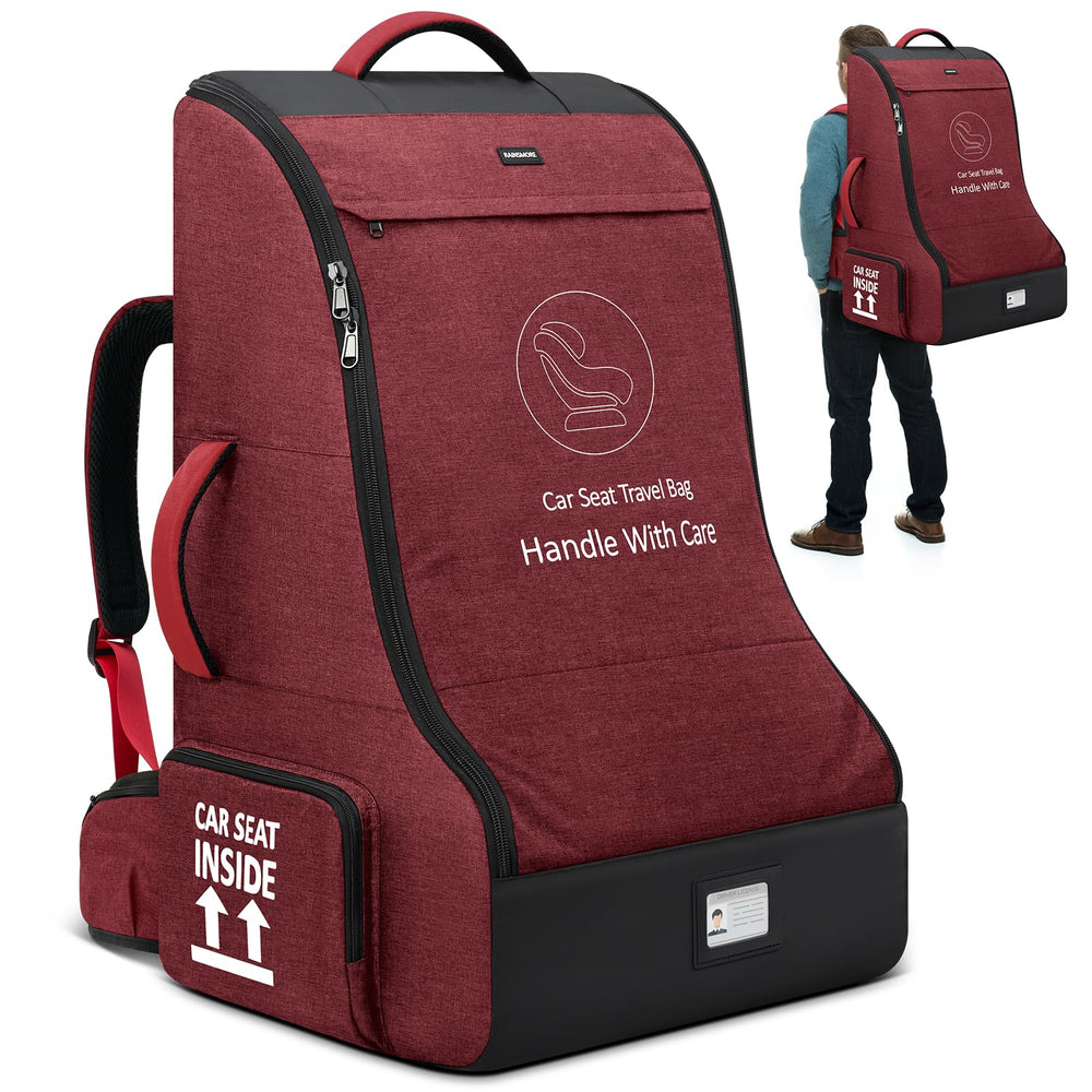 RAINSMORE padded car seat travel bag front view showing durable red exterior and protection