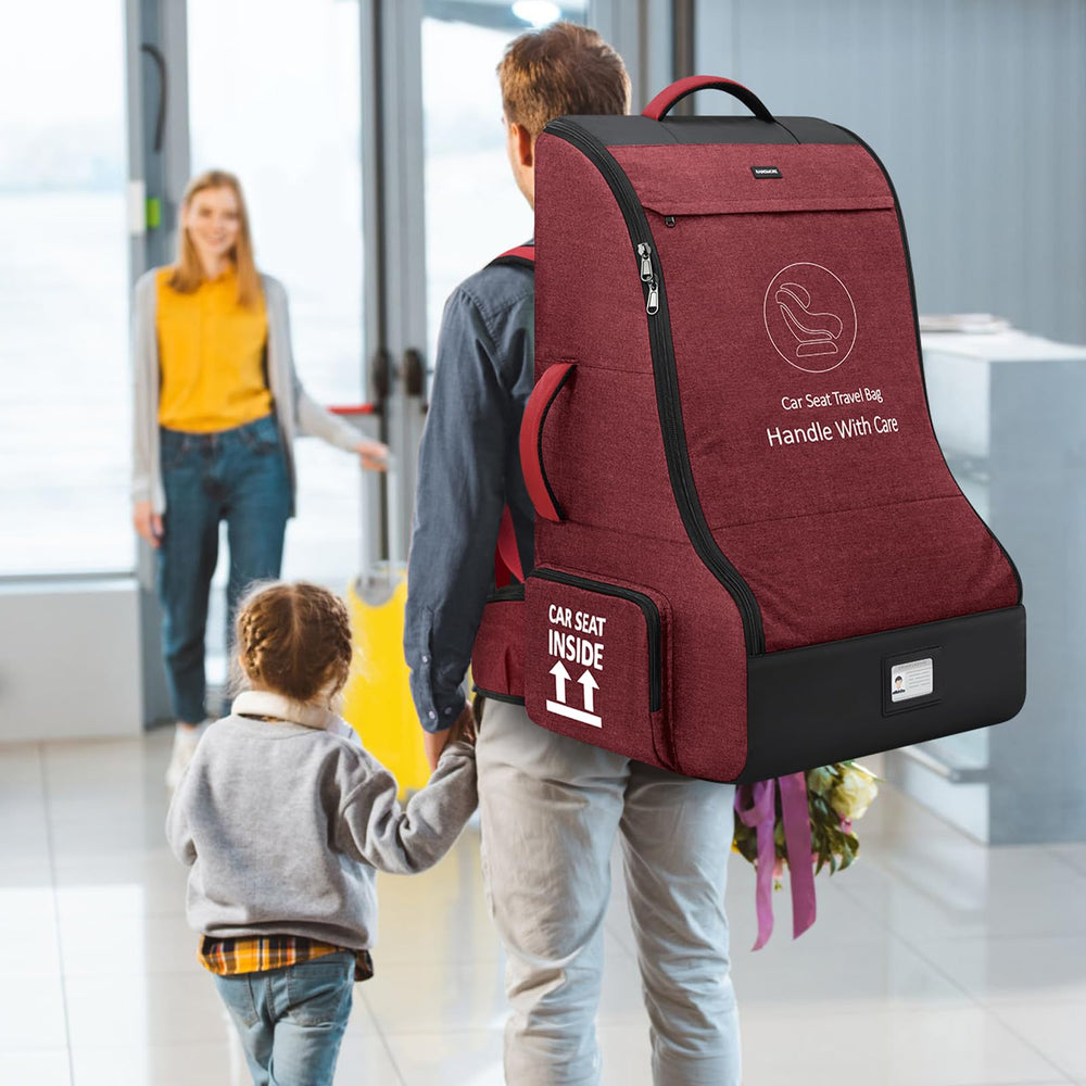 RAINSMORE padded car seat travel bag packed with travel essentials in red
