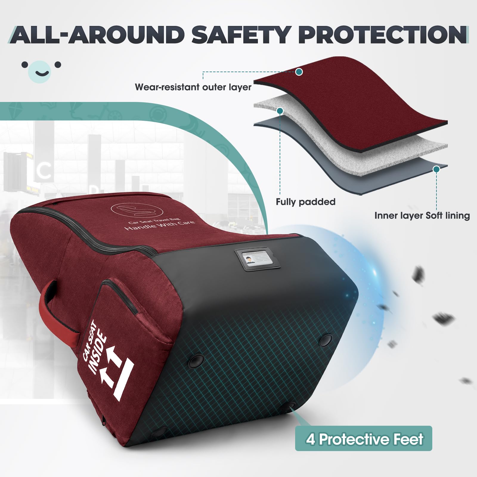 RAINSMORE padded car seat travel bag waist pocket accessible in red