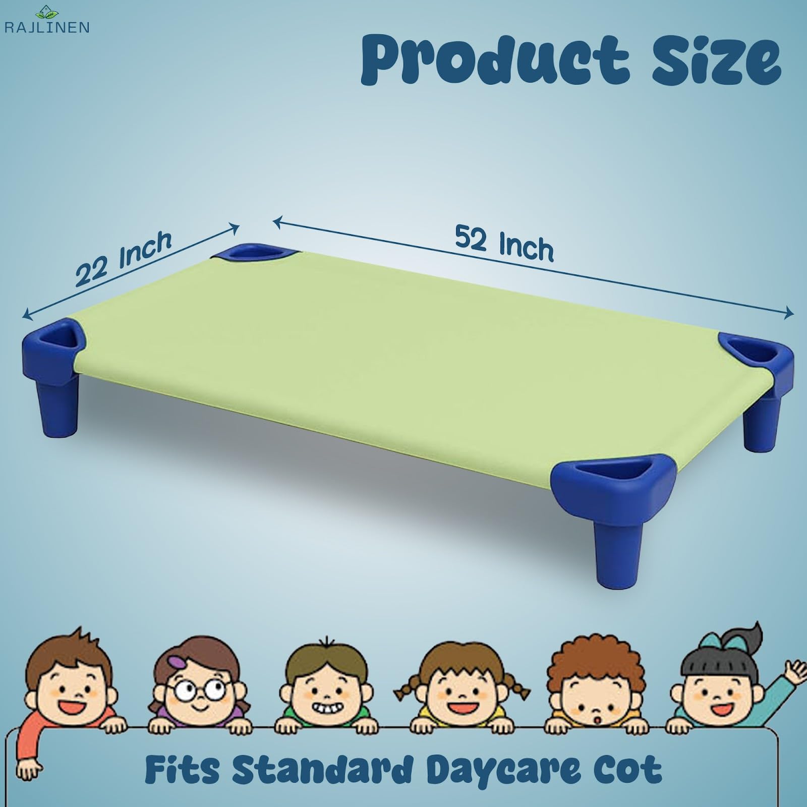 Rajlinen sage cot sheet on a standard 22x52 cot, smooth surface for comfy naps.