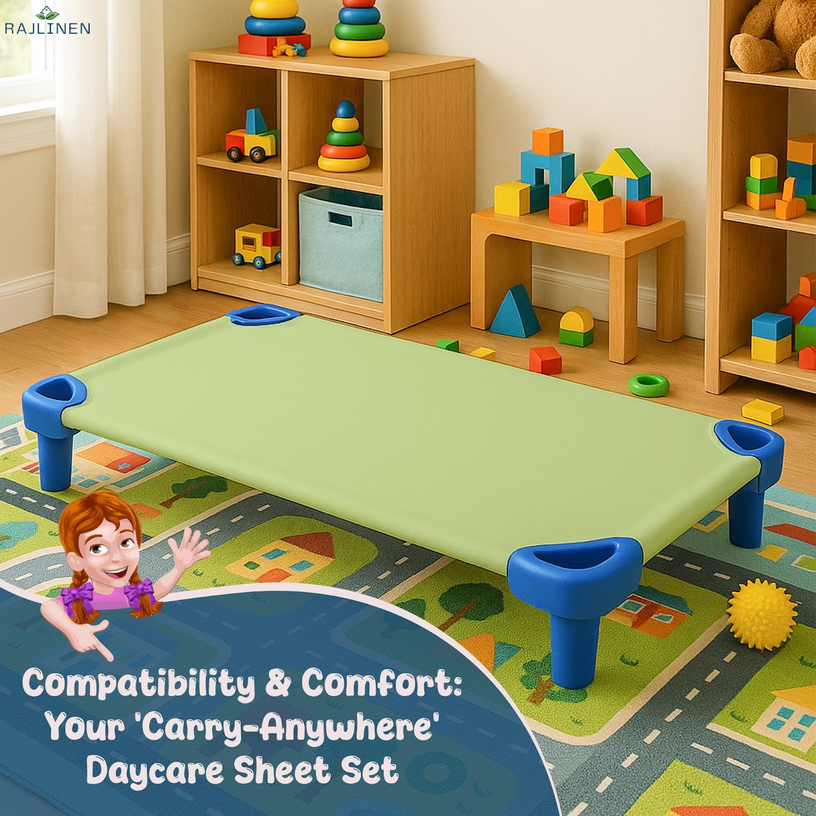 Easy-care design keeps colors vibrant on Rajlinen sage cot sheets.