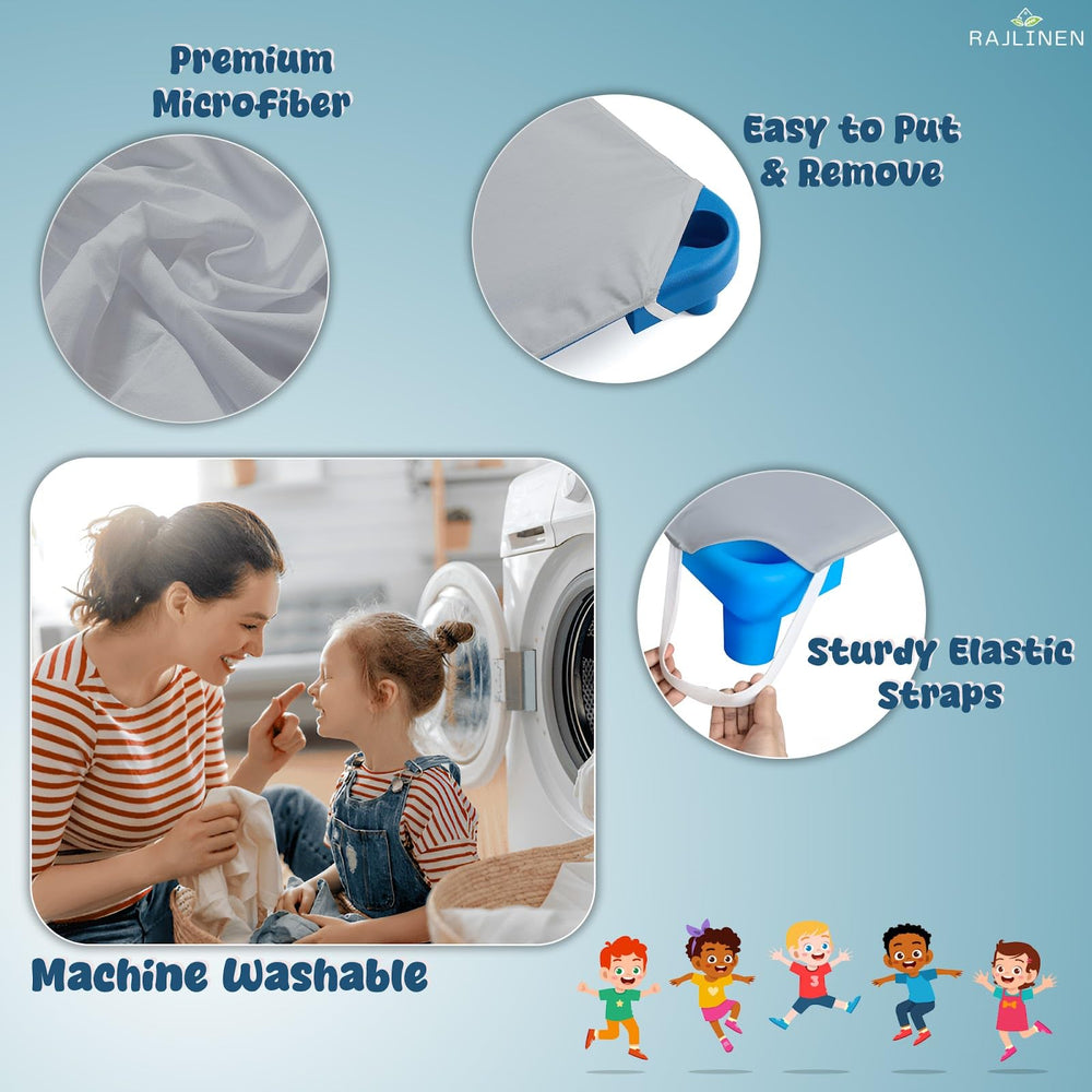 Rajlinen cot sheets next to washing symbols highlighting easy care