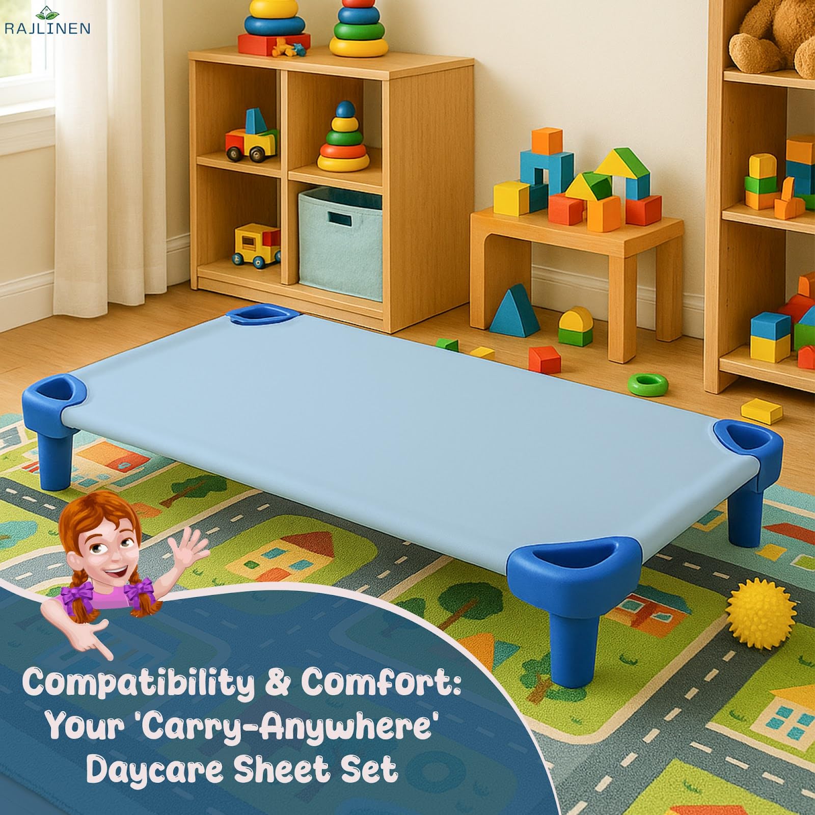 Rajlinen easy-care sheets—machine washable and quick to dry for busy daycare settings.