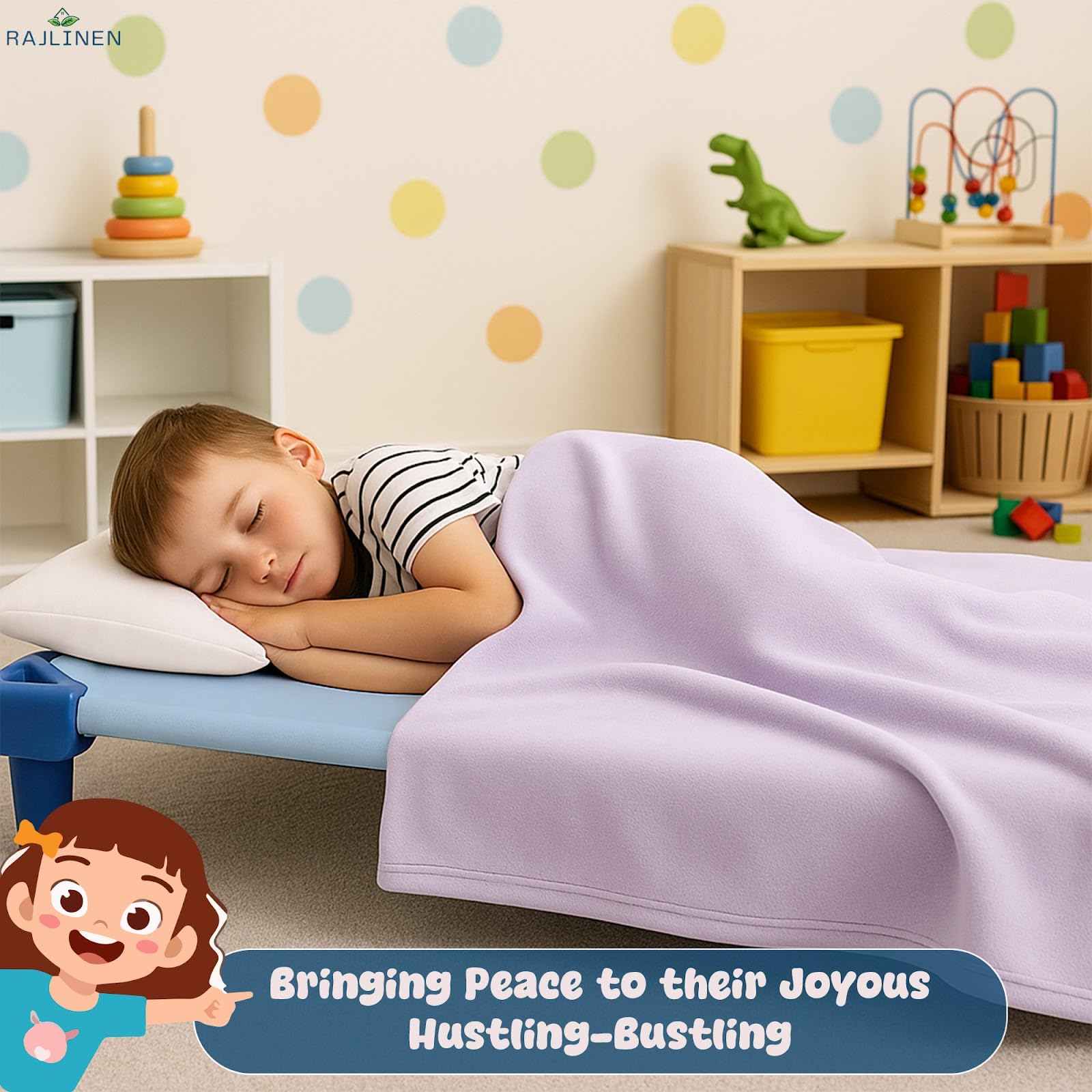 Rajlinen 23x40 cot sheets correctly fit standard daycare cots for dependable nap surfaces.