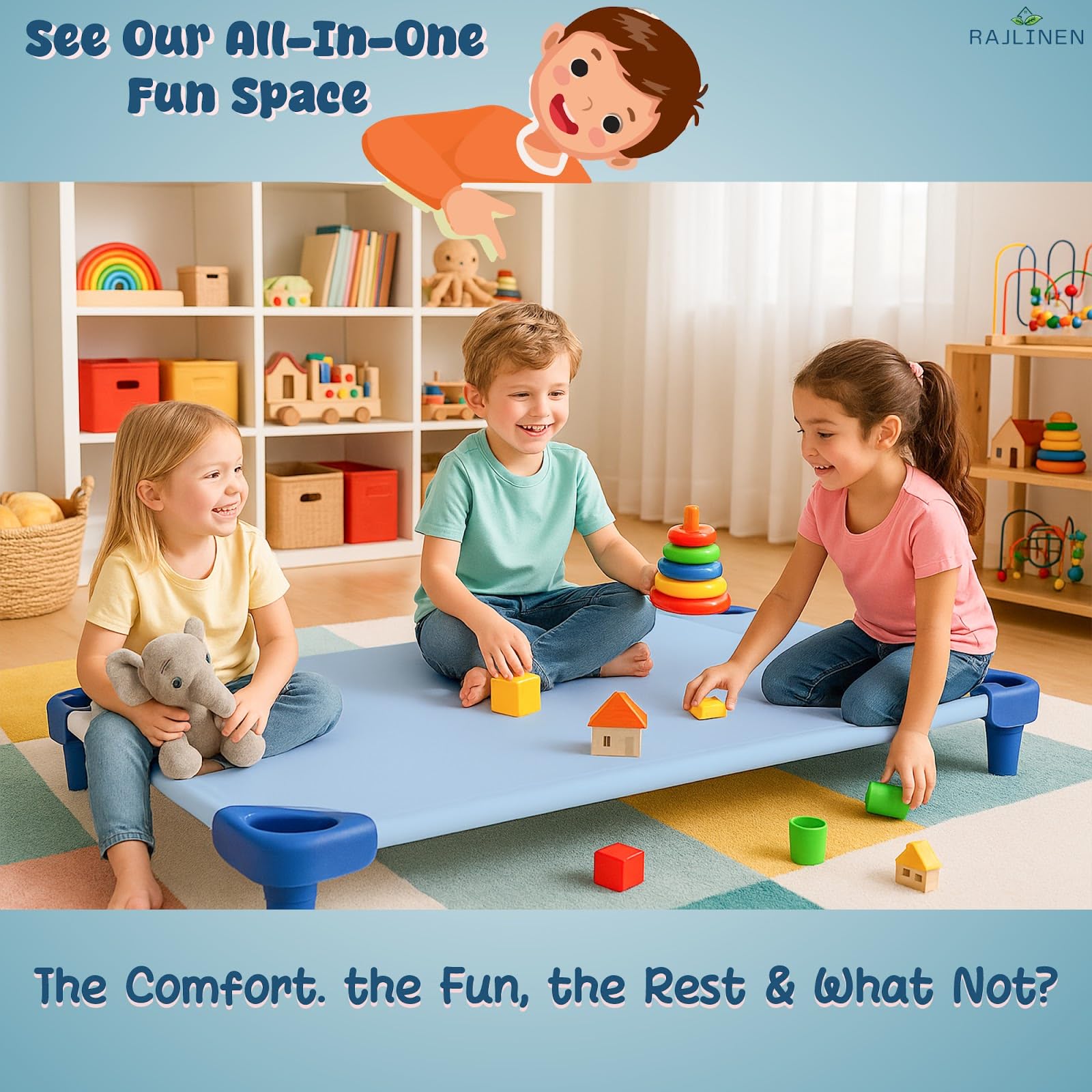 Rajlinen soft microfiber close-up highlights breathable, year-round comfort for daily daycare naps.