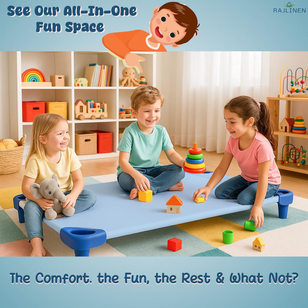 Rajlinen soft microfiber close-up highlights breathable, year-round comfort for daily daycare naps.