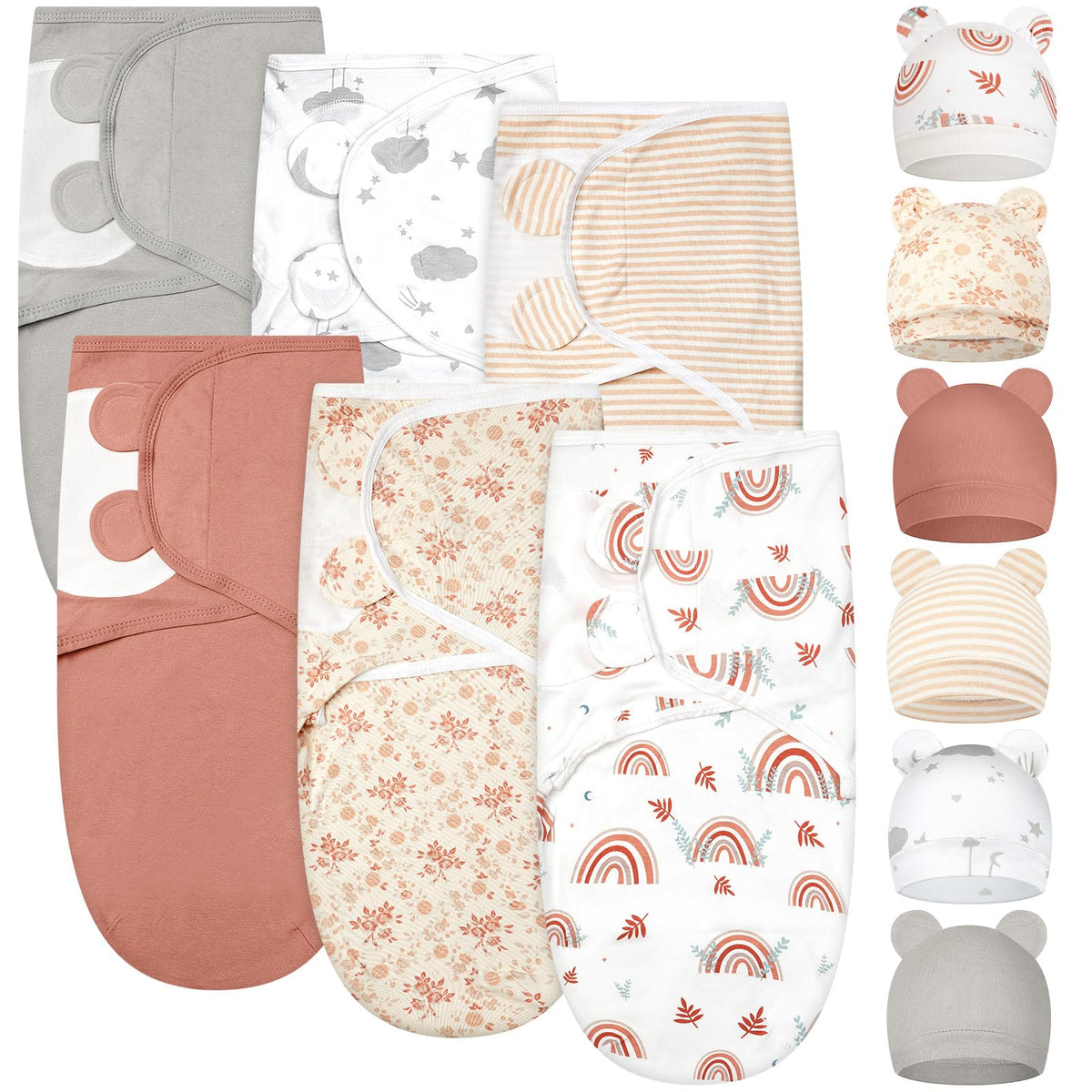 Ramede 6-pack swaddle blankets with hats in boho multicolor, gentle skin-friendly coverage.