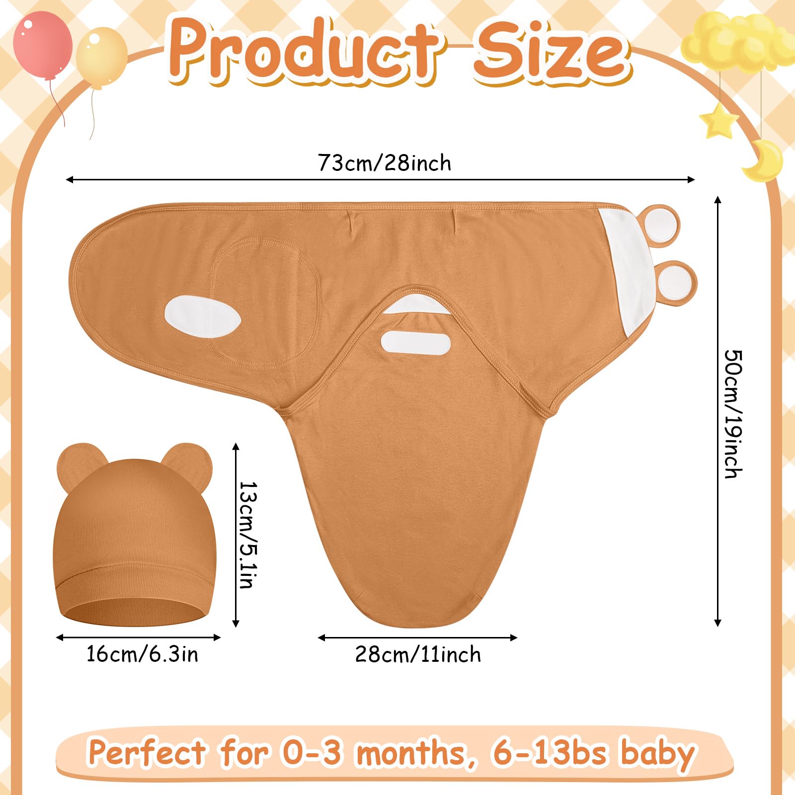 Ramede swaddle size 73 x 50 cm fits babies 6–13 lbs comfortably.