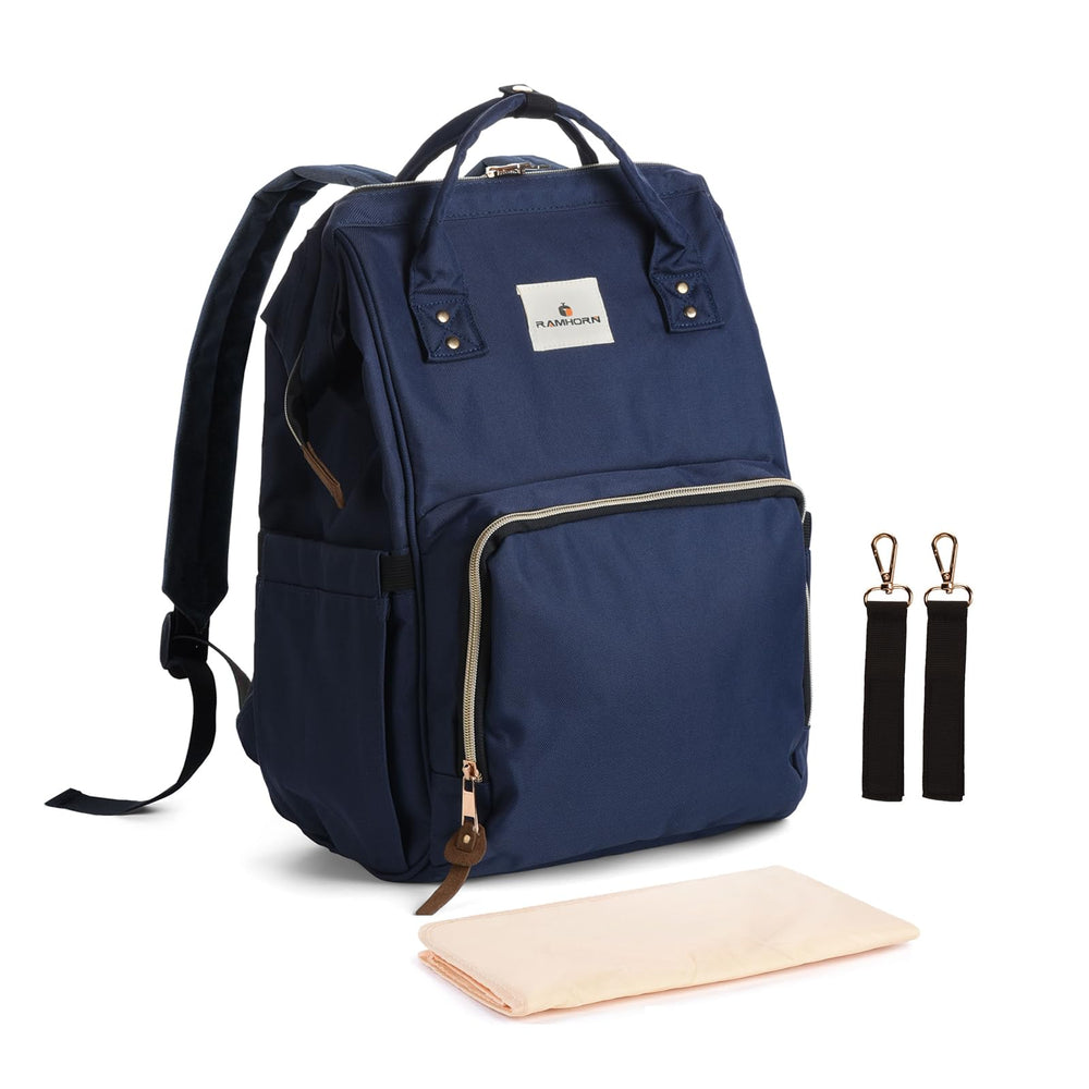 Ramhorn blue diaper bag backpack with front pocket for quick essentials.