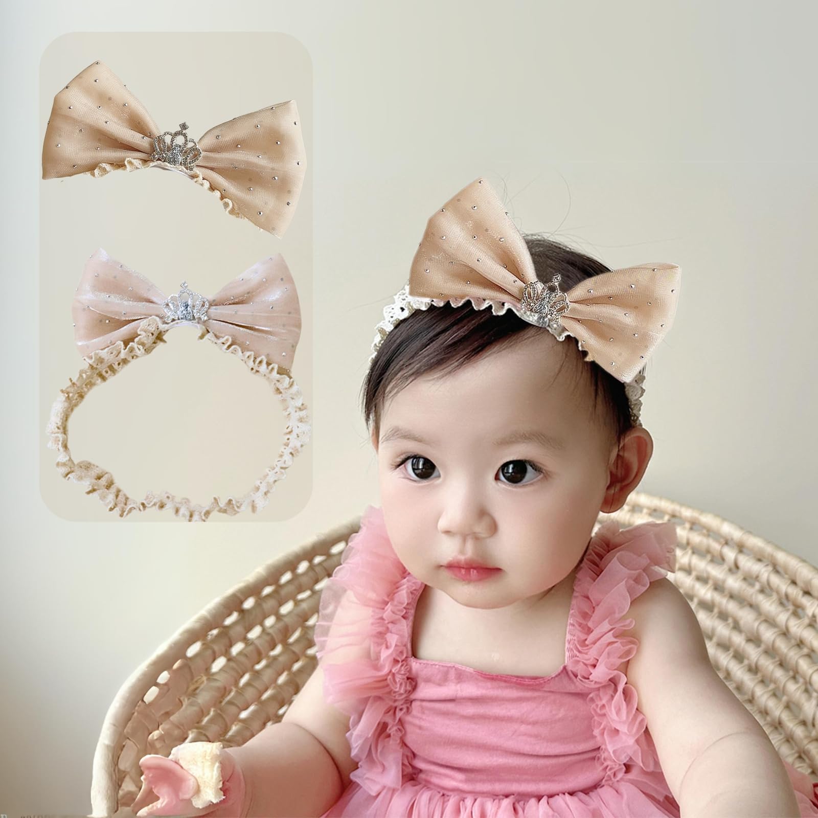 Rannyrena lace crown hair bow on a soft baby headband for a timeless look.