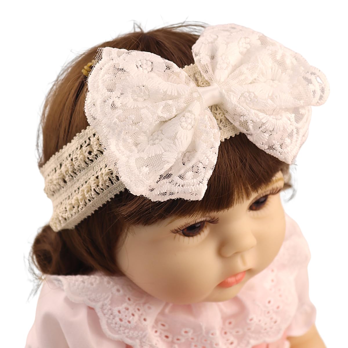 Rannyrena lace flower bow headband in white, soft and adjustable for newborns to toddlers