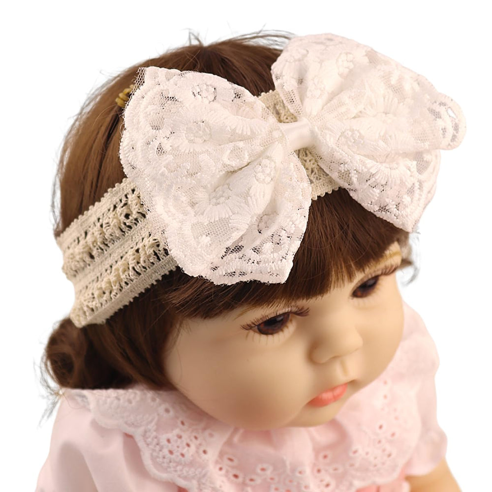 Rannyrena lace flower bow headband in white, soft and adjustable for newborns to toddlers
