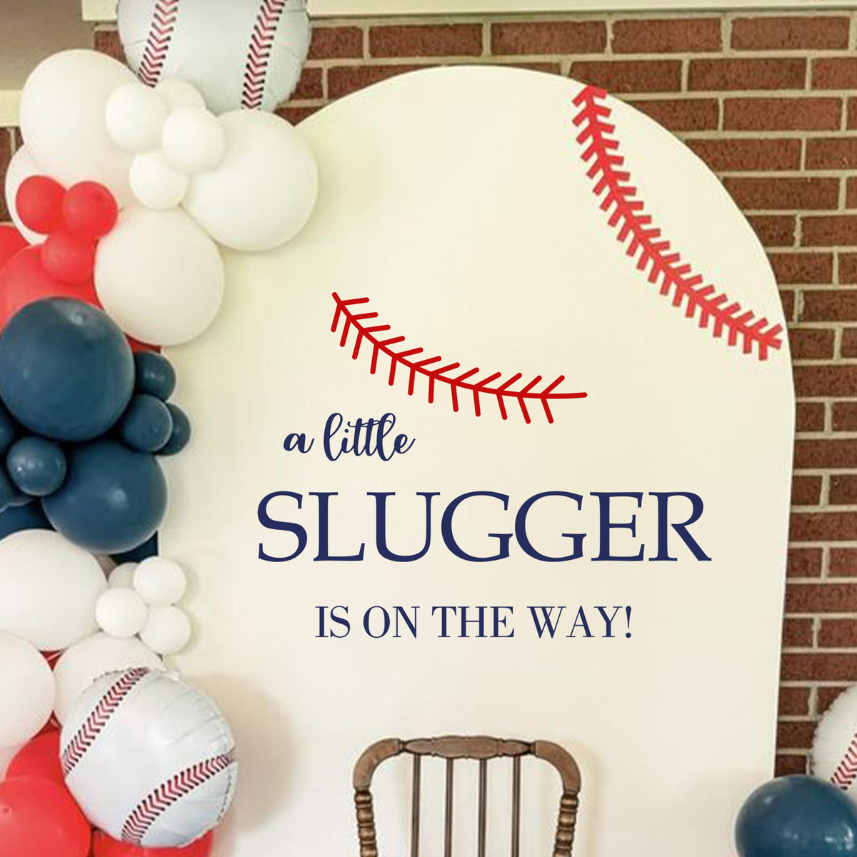 Raoformi A Little Slugger backdrop with baseball theme for baby showers.