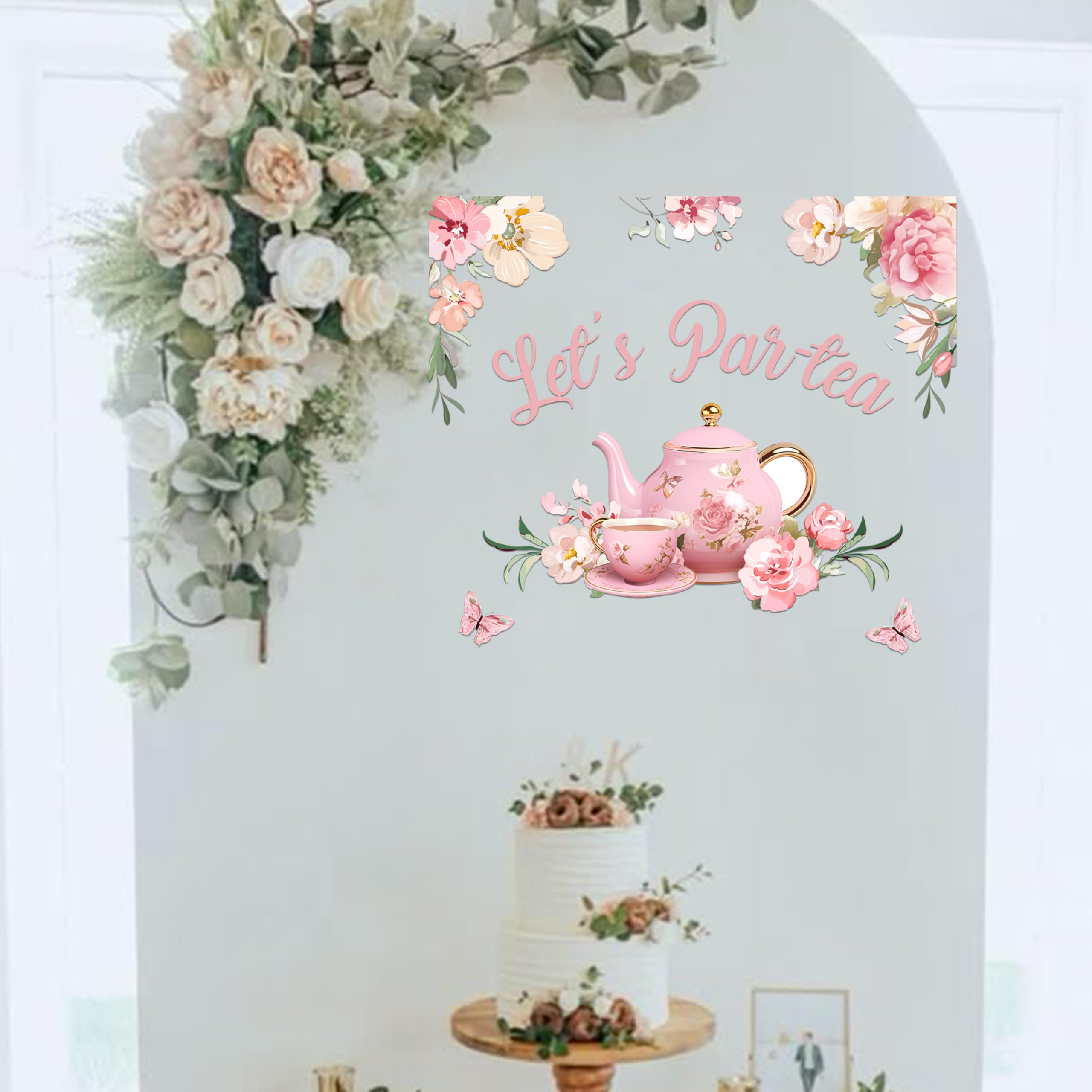 Raoformi Let's Par-Tea decal with pink floral teapot for chic party decor.