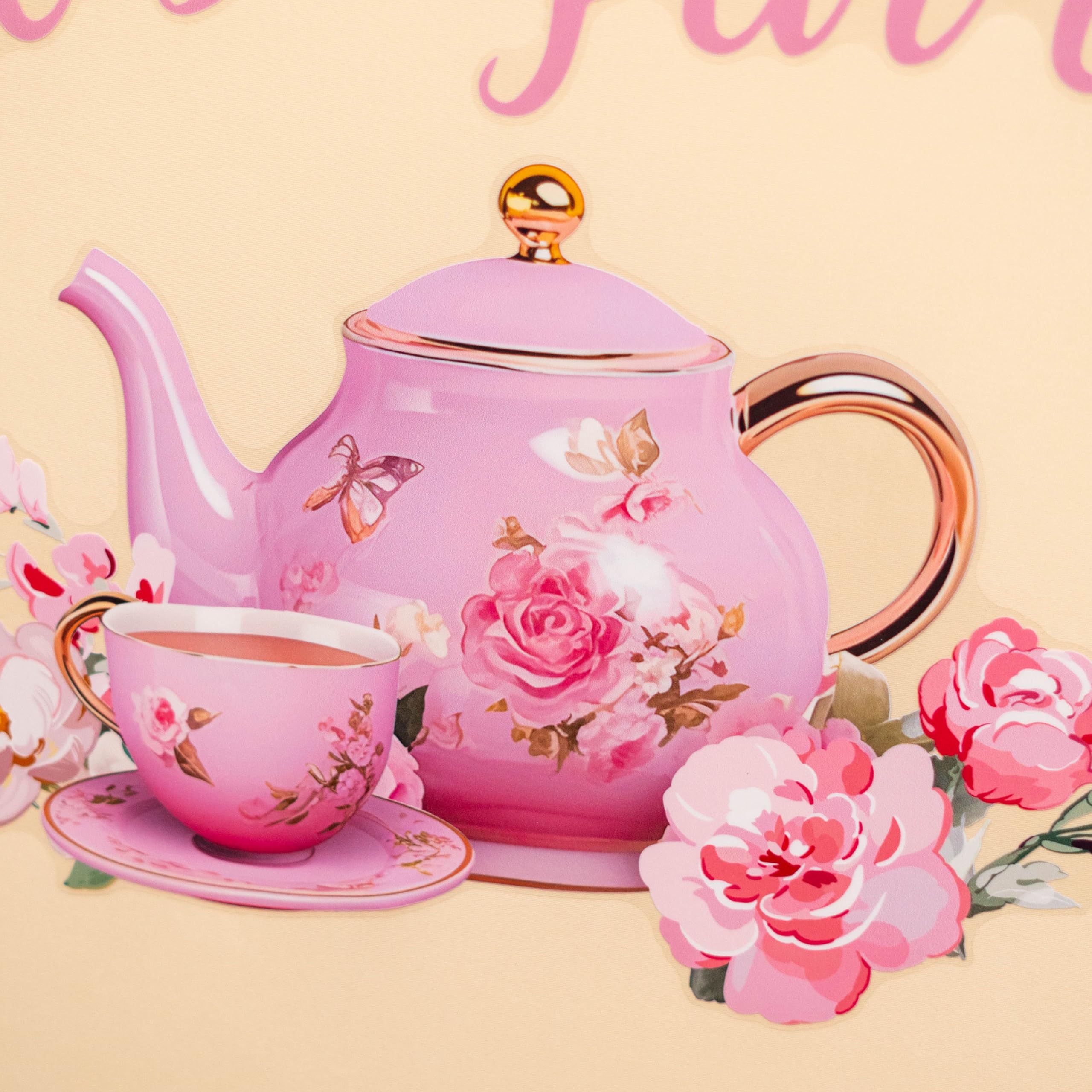 Raoformi Let's Par-Tea wall decal teacup motif creates a refined garden party vibe.