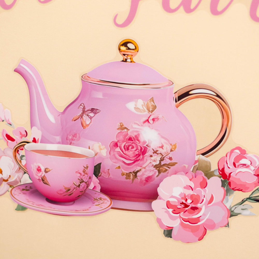 Raoformi Let's Par-Tea wall decal teacup motif creates a refined garden party vibe.