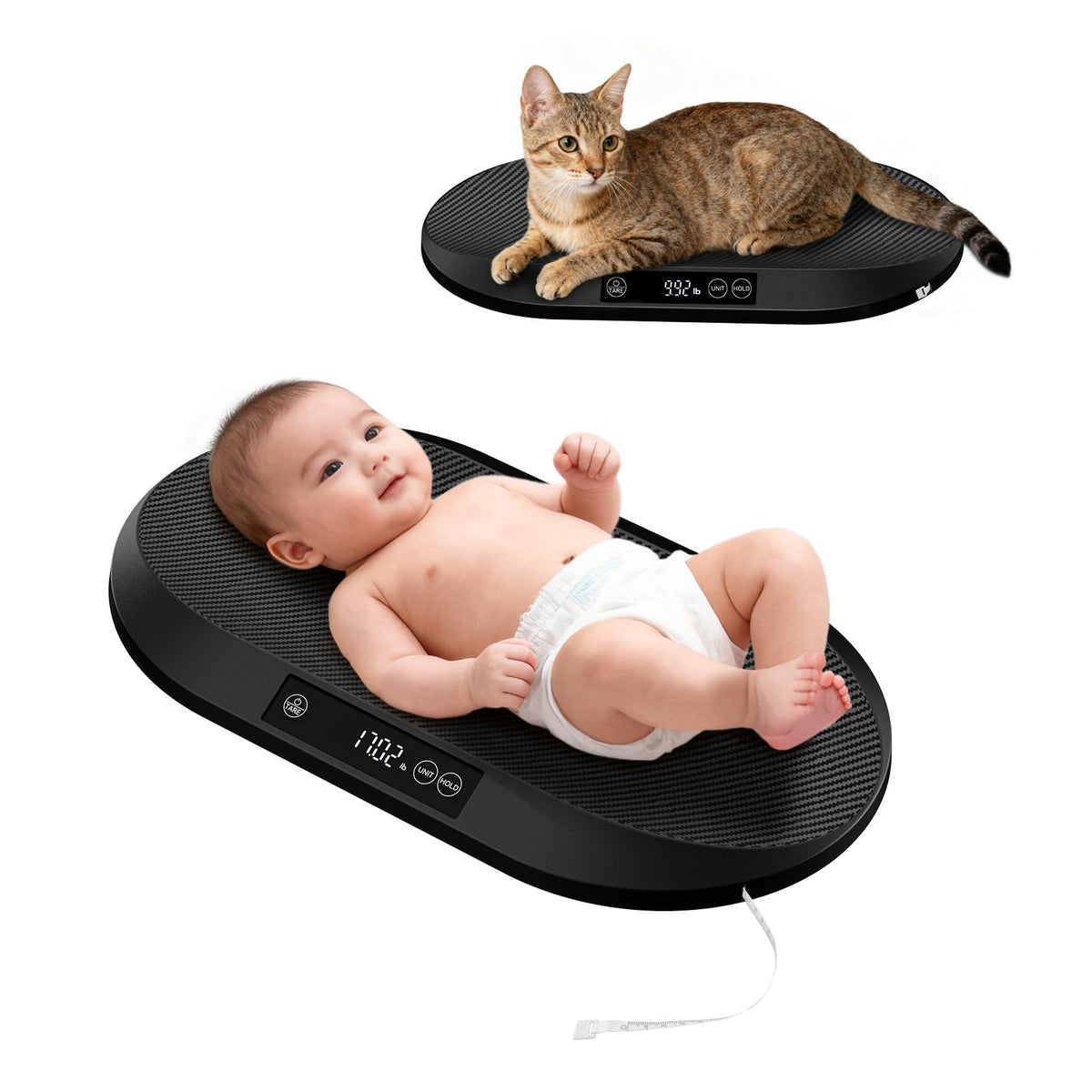 RAOYAN baby scale showing compact tray for safe newborn weighing
