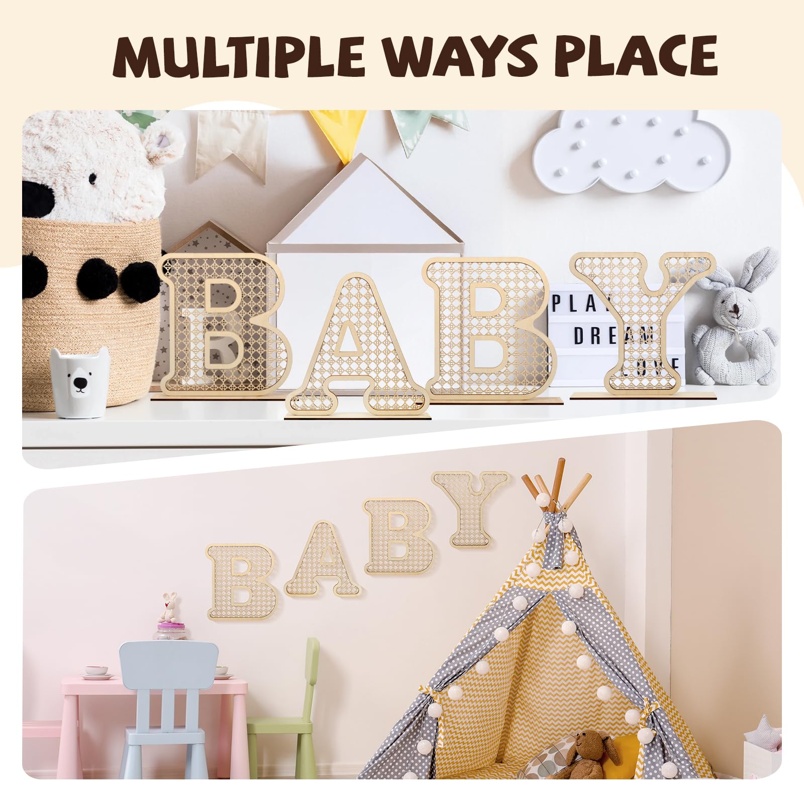 Rattan Baby Letters on a nursery wall add rustic charm