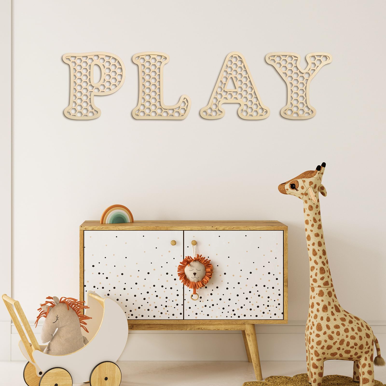 Versatile playroom letters rest on shelf for easy styling