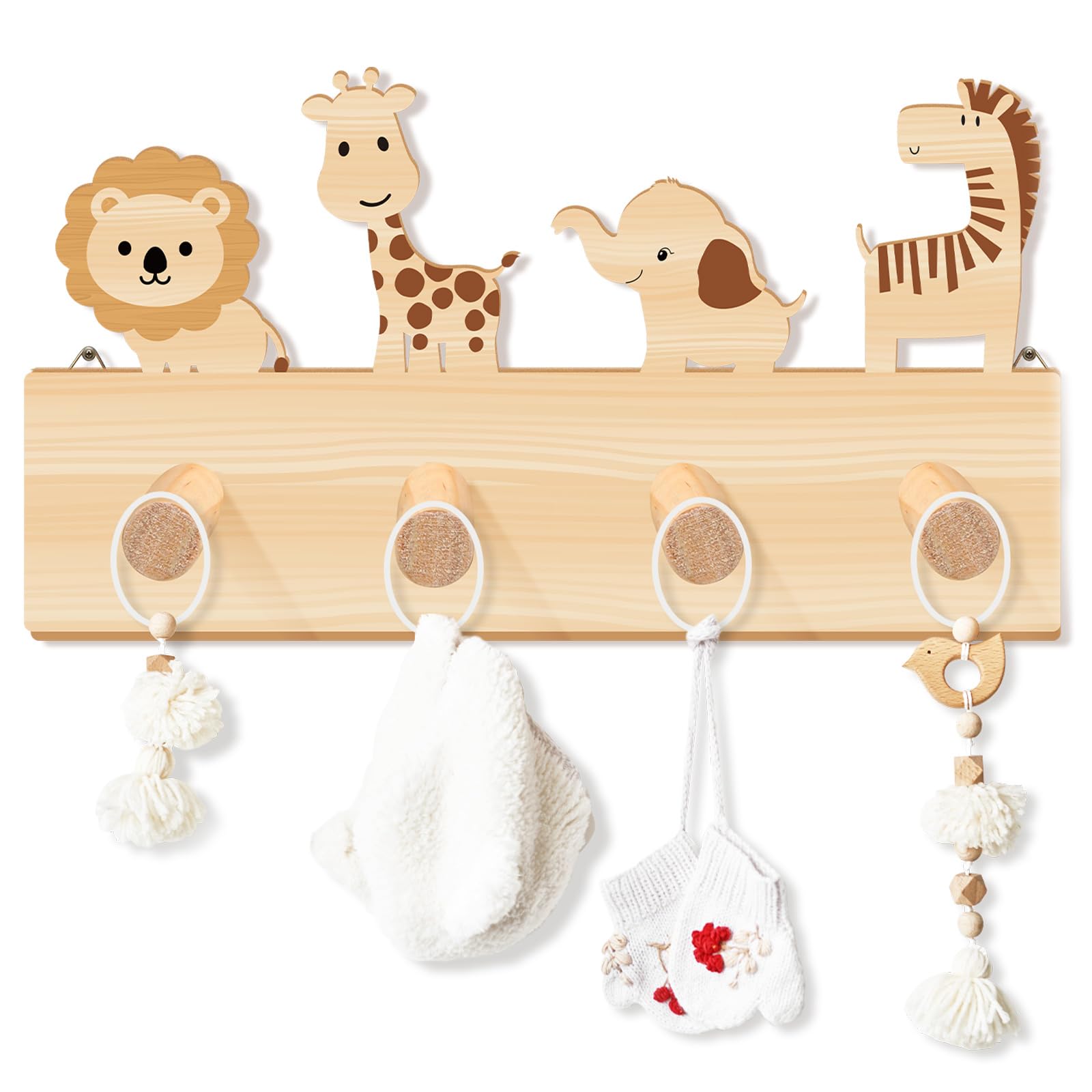 RattanView Safari elephant wall hook for kids, sturdy wooden storage for coats and hats