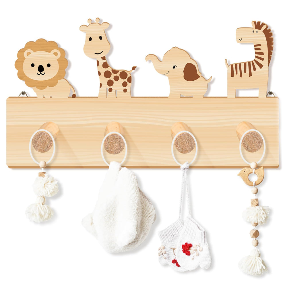 RattanView Safari elephant wall hook for kids, sturdy wooden storage for coats and hats