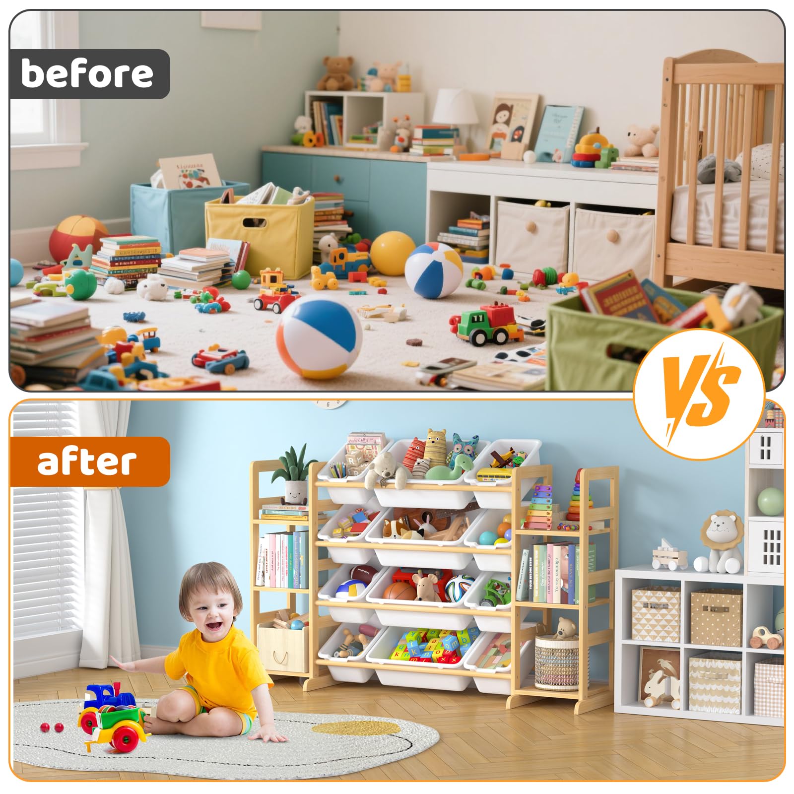 Ratulie 52.3 in wide by 13.6 in deep by 31.5 in high shelving with bins enables organized toy and book access