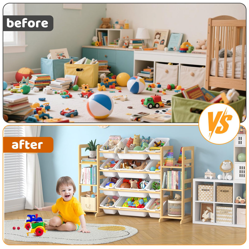 Ratulie 52.3 in wide by 13.6 in deep by 31.5 in high shelving with bins enables organized toy and book access