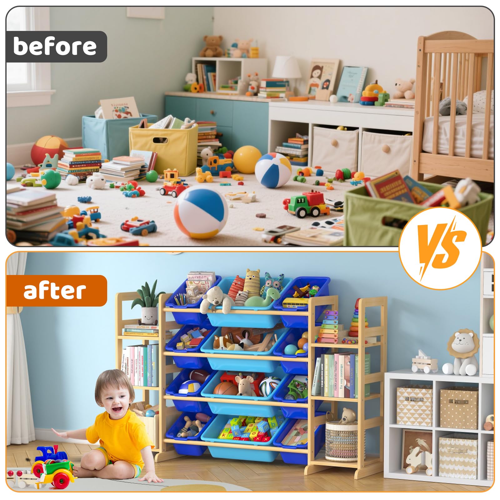 Ratulie six-shelf unit blends nicely in any playroom or nursery.