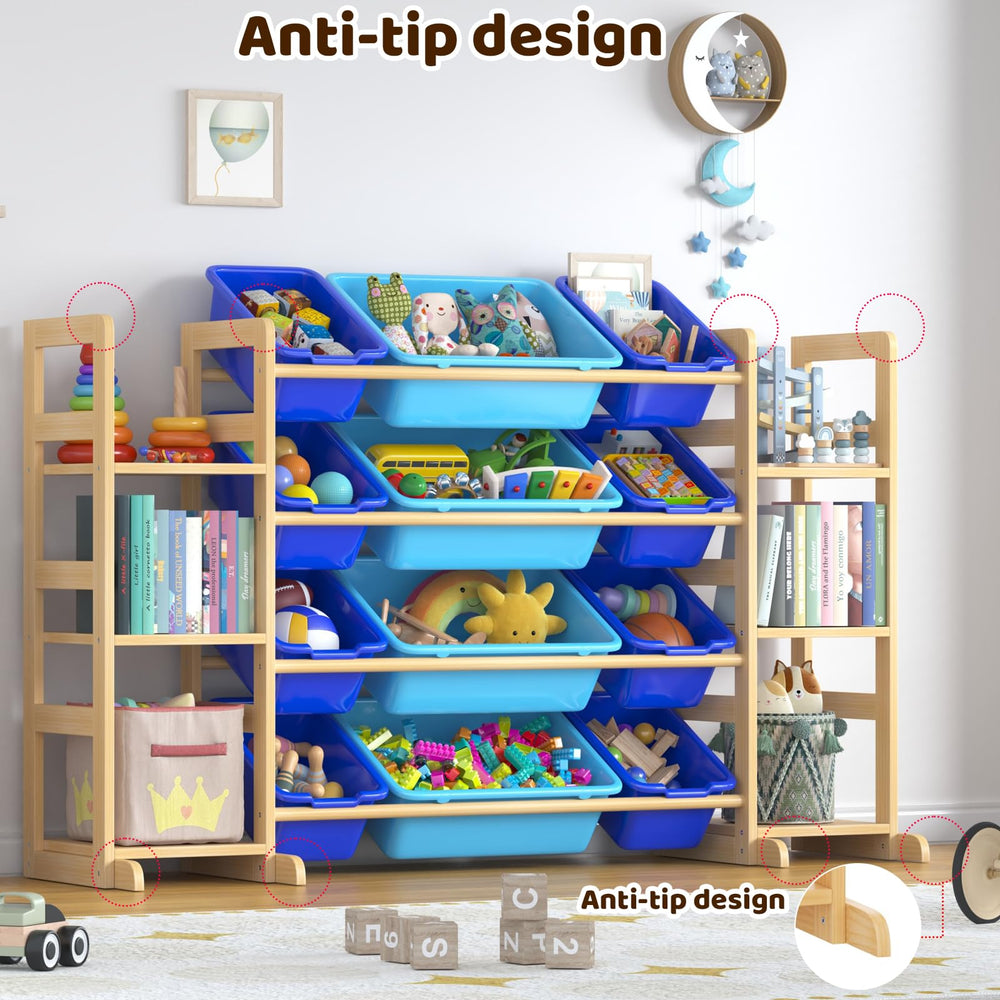 Ratulie open shelves with bins provide quick access for kids.