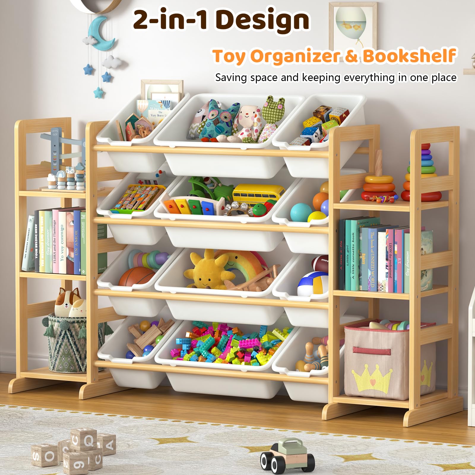 Ratulie solid pine wood construction emphasizing sturdy, safe playroom storage