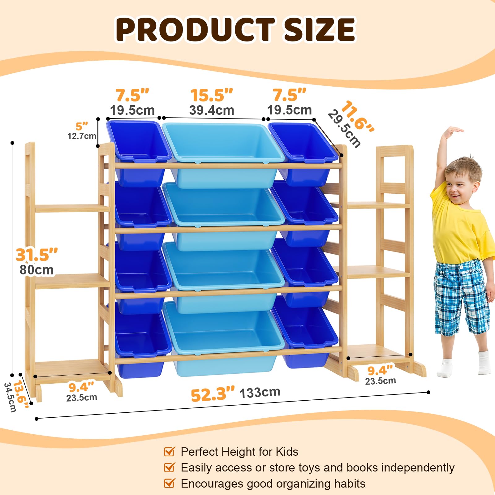 Ratulie spacious bin storage helps kids sort toys and books easily.