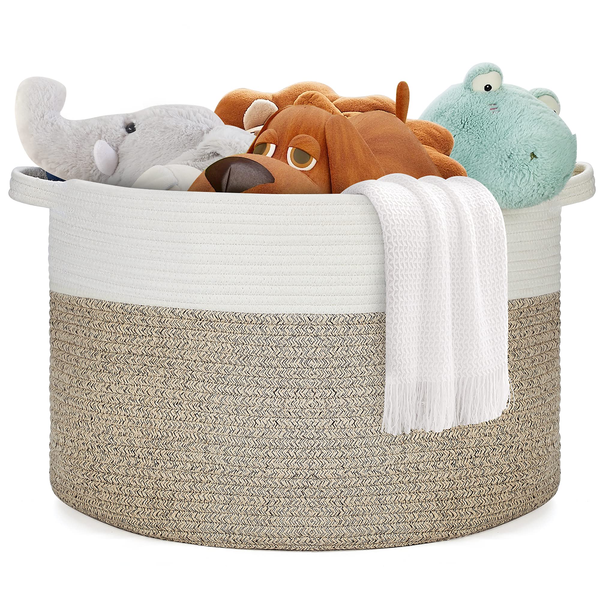 Ravinte Blanket Basket folded, showing easy reshaping with blankets and pillows.