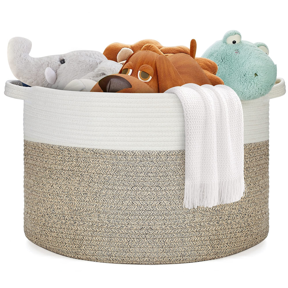 Ravinte Blanket Basket folded, showing easy reshaping with blankets and pillows.