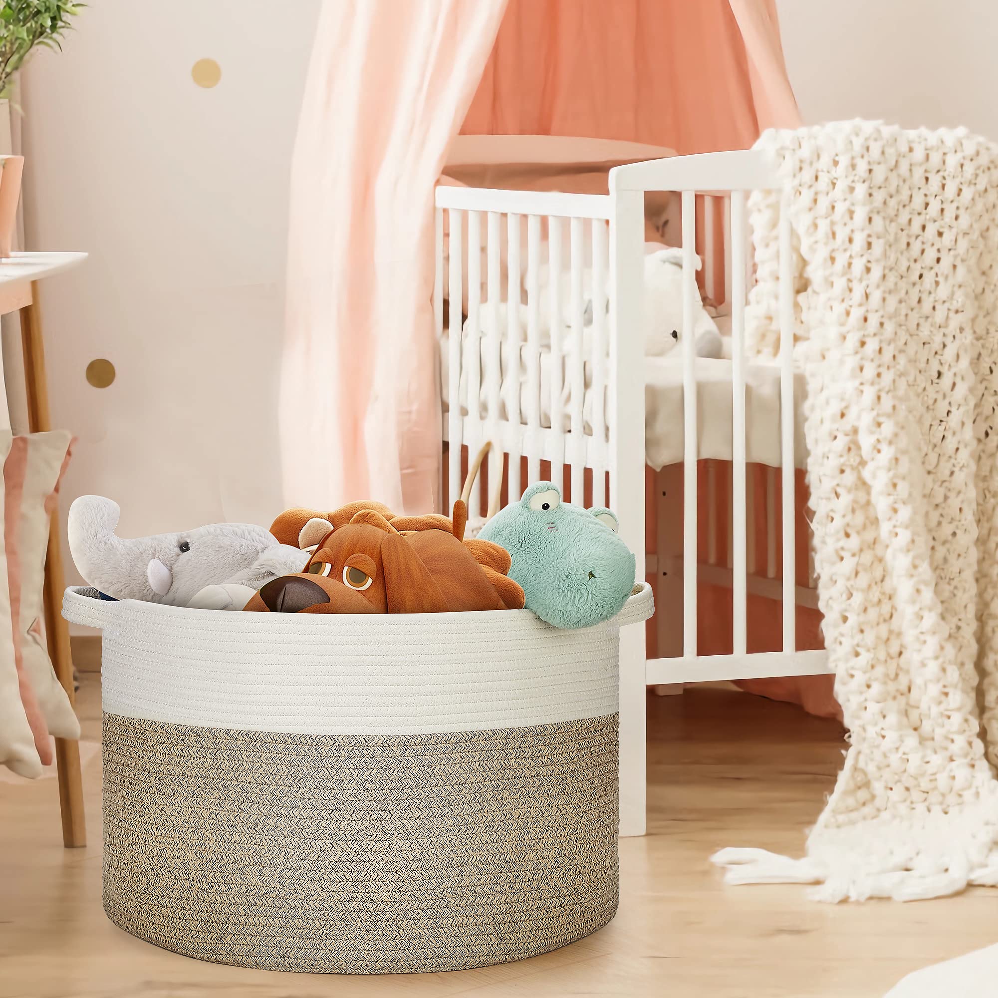 Ravinte Blanket Basket used as a laundry basket in a guest room.
