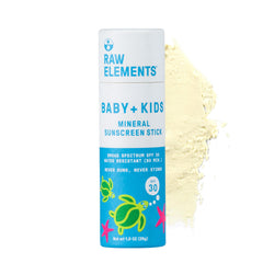 Raw Elements Baby sunscreen stick in packaging, eco-friendly and easy to grab on the go.