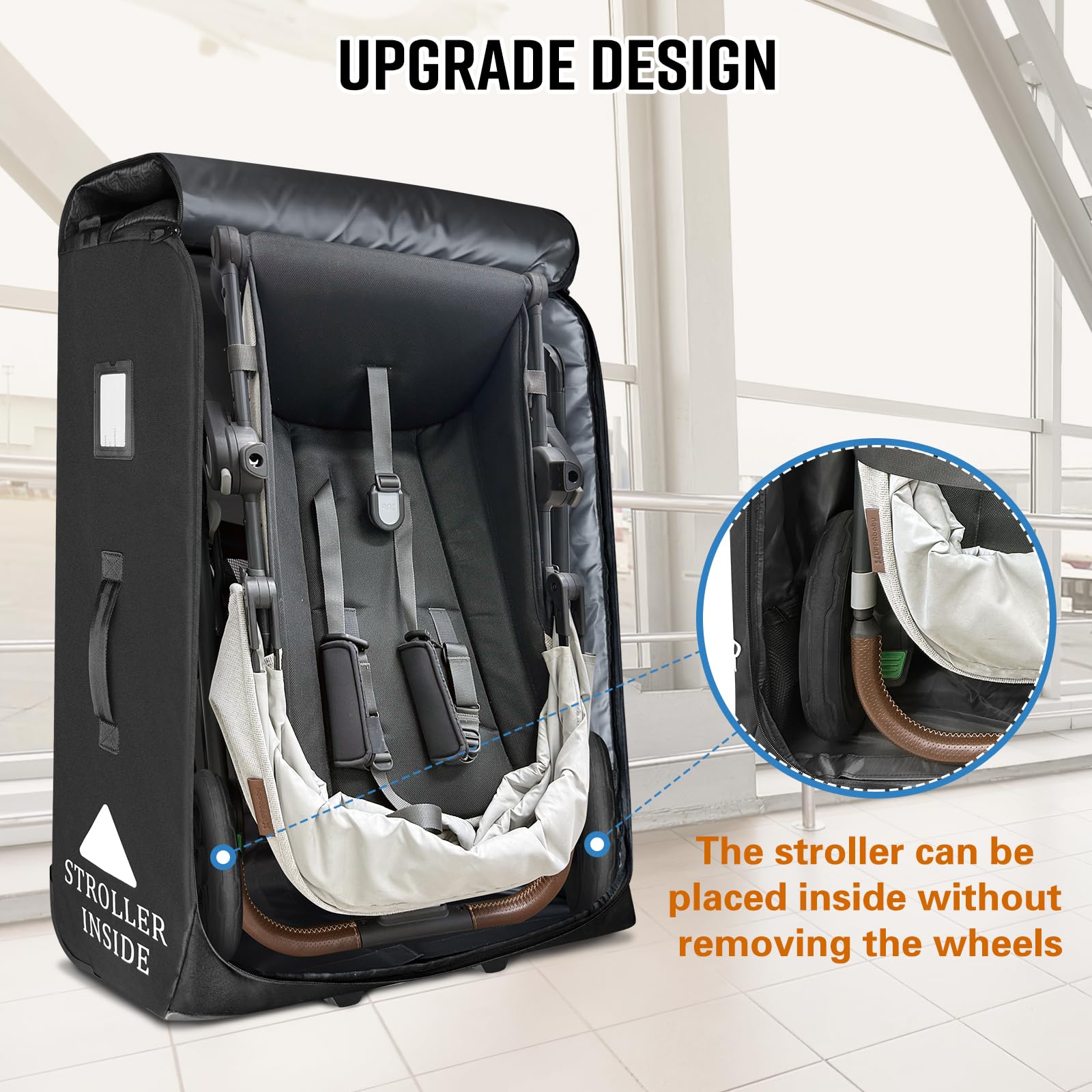 Raymace interior strap keeps stroller secure inside the bag.