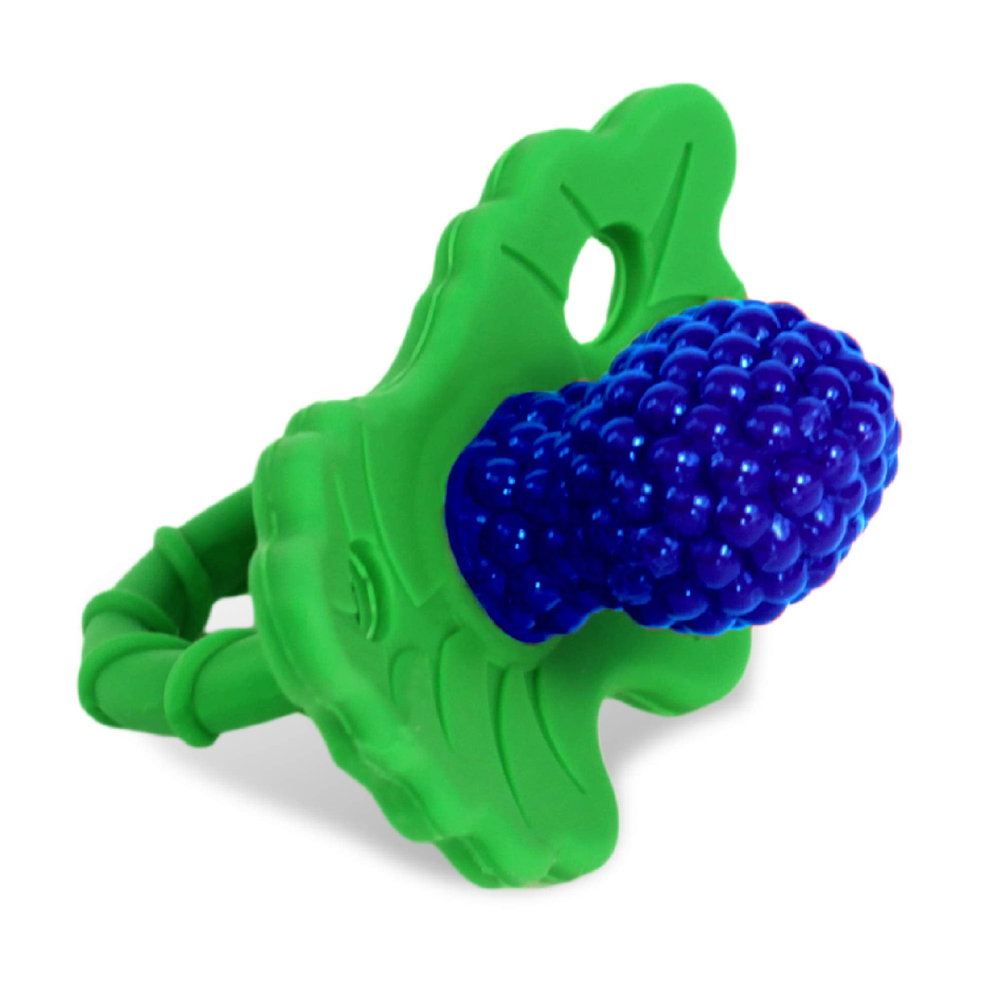 RaZbaby BerryBumps teether in soft silicone soothes infant gums.