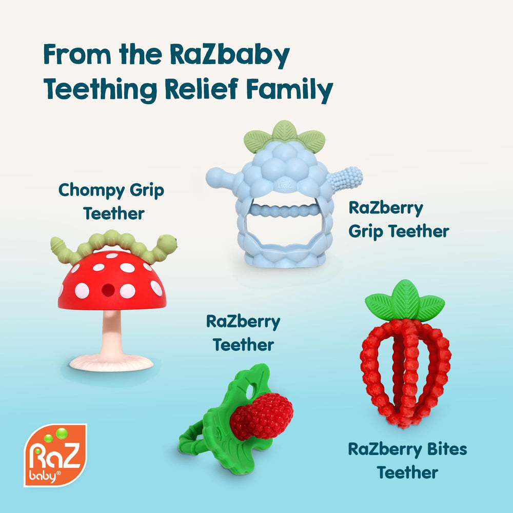 RaZbaby Chompy teether doubles as a pacifier travel toy