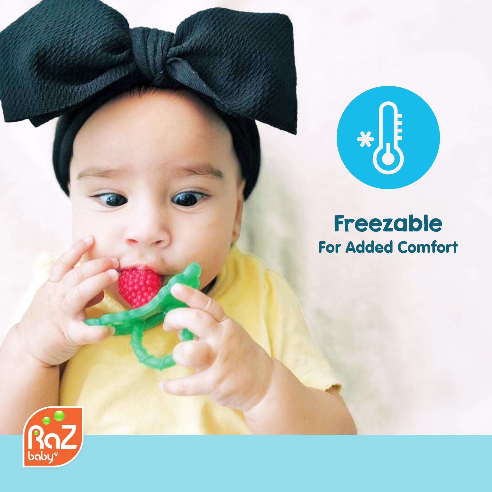 Berry-shaped RaZbaby design helps introduce fruit visuals during teething.