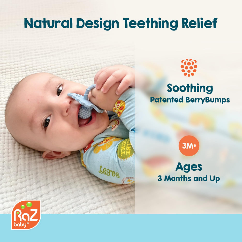 RaZbaby teether with hands-free design for easy gripping.