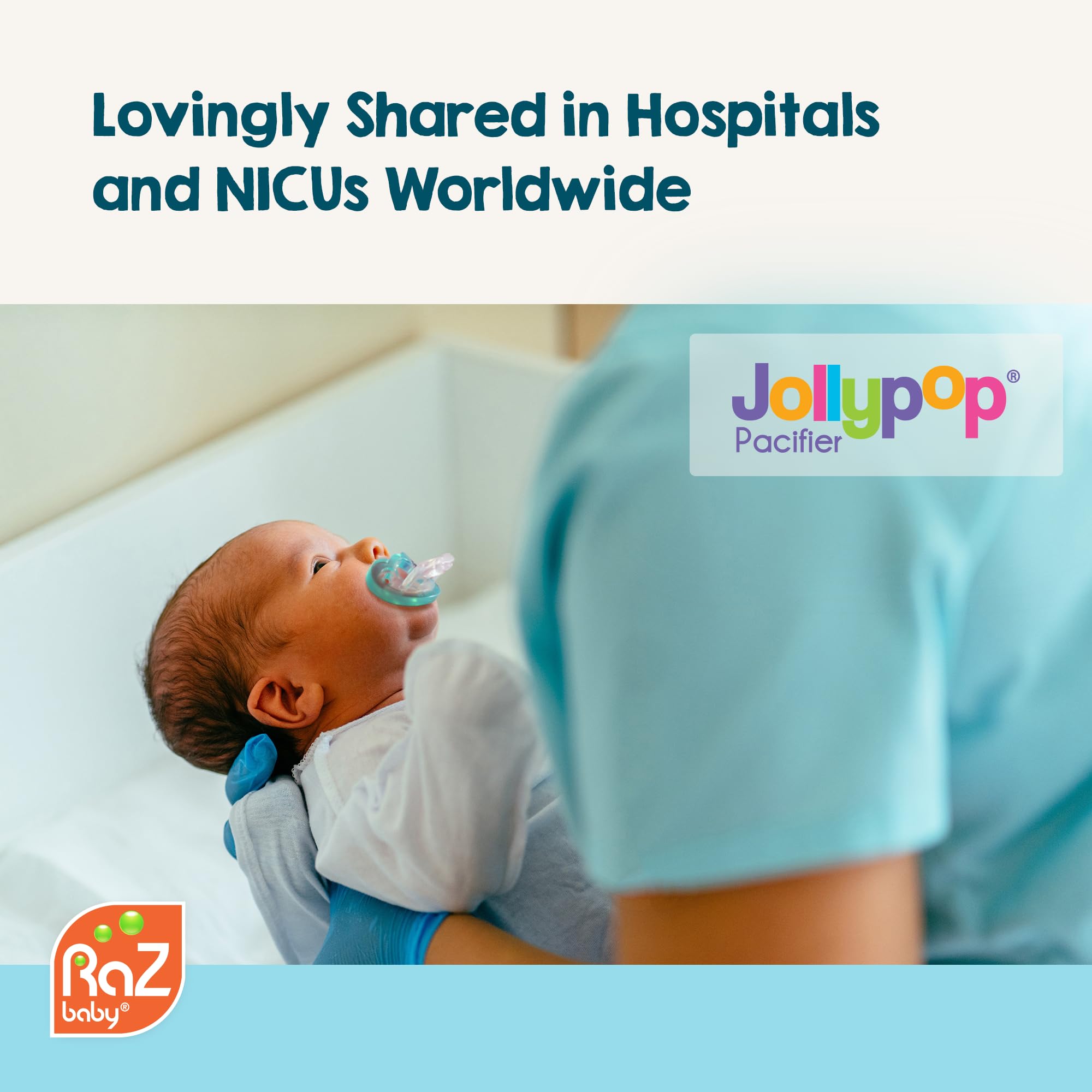 RaZbaby JollyPop blue packaging highlights a safe BPA-free pacifier for babies 3 months and up