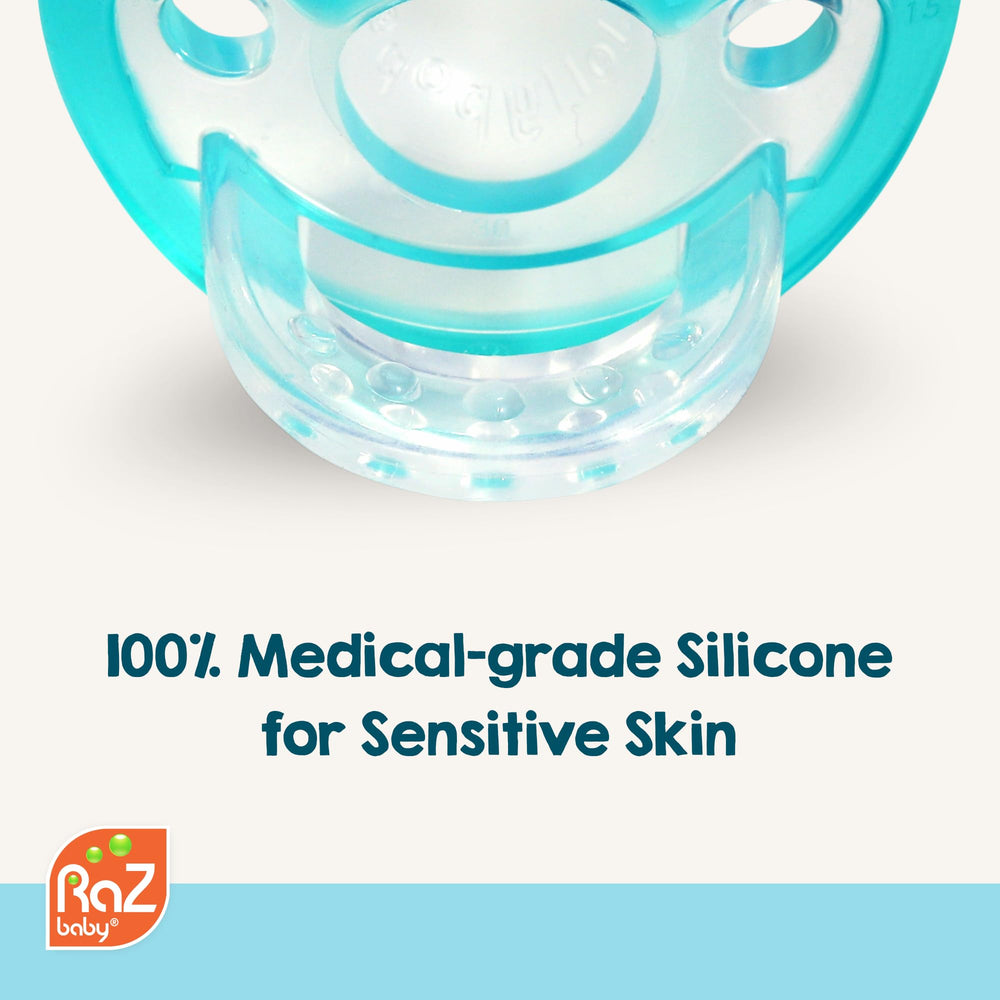 RaZbaby JollyPop dishwasher-safe pacifier for easy cleaning and sanitizing.