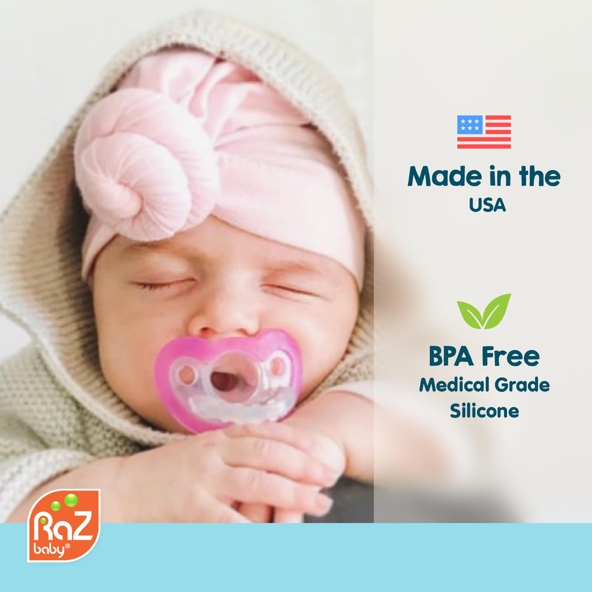 RaZbaby JollyPop pacifier made in the USA with durable construction.