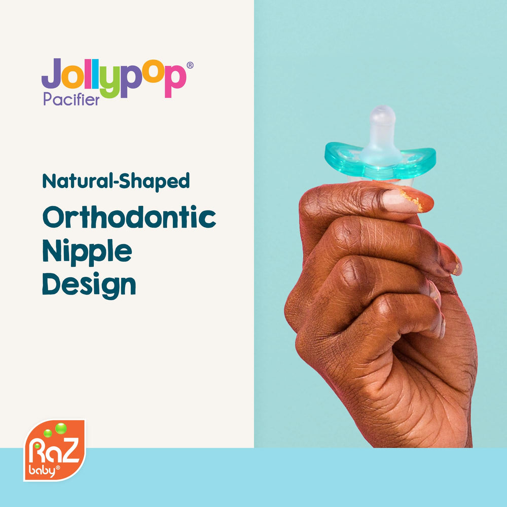 RaZbaby Jollypop orange pacifier in use with baby face fit