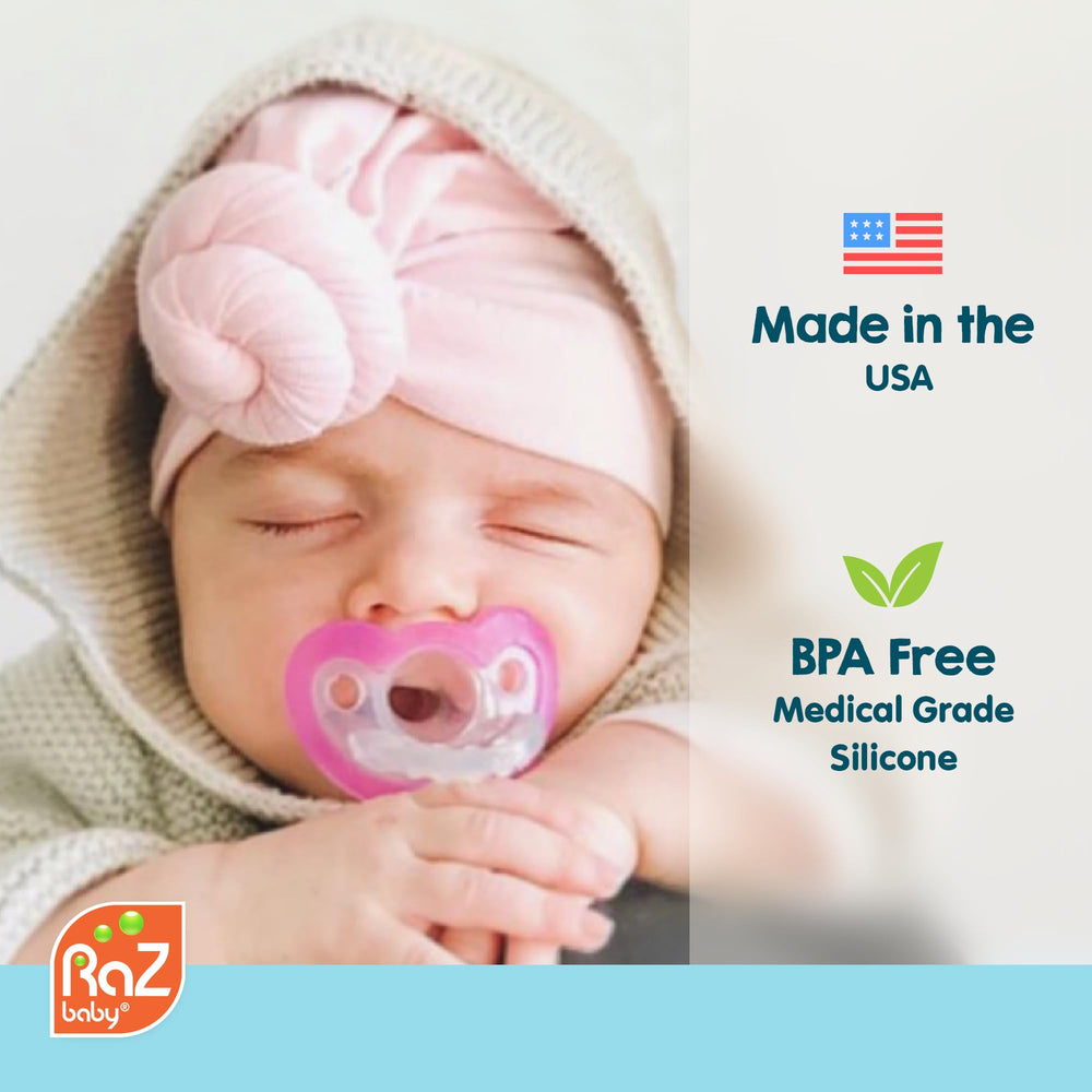 RaZbaby Jollypop orange pacifier Made in USA badge