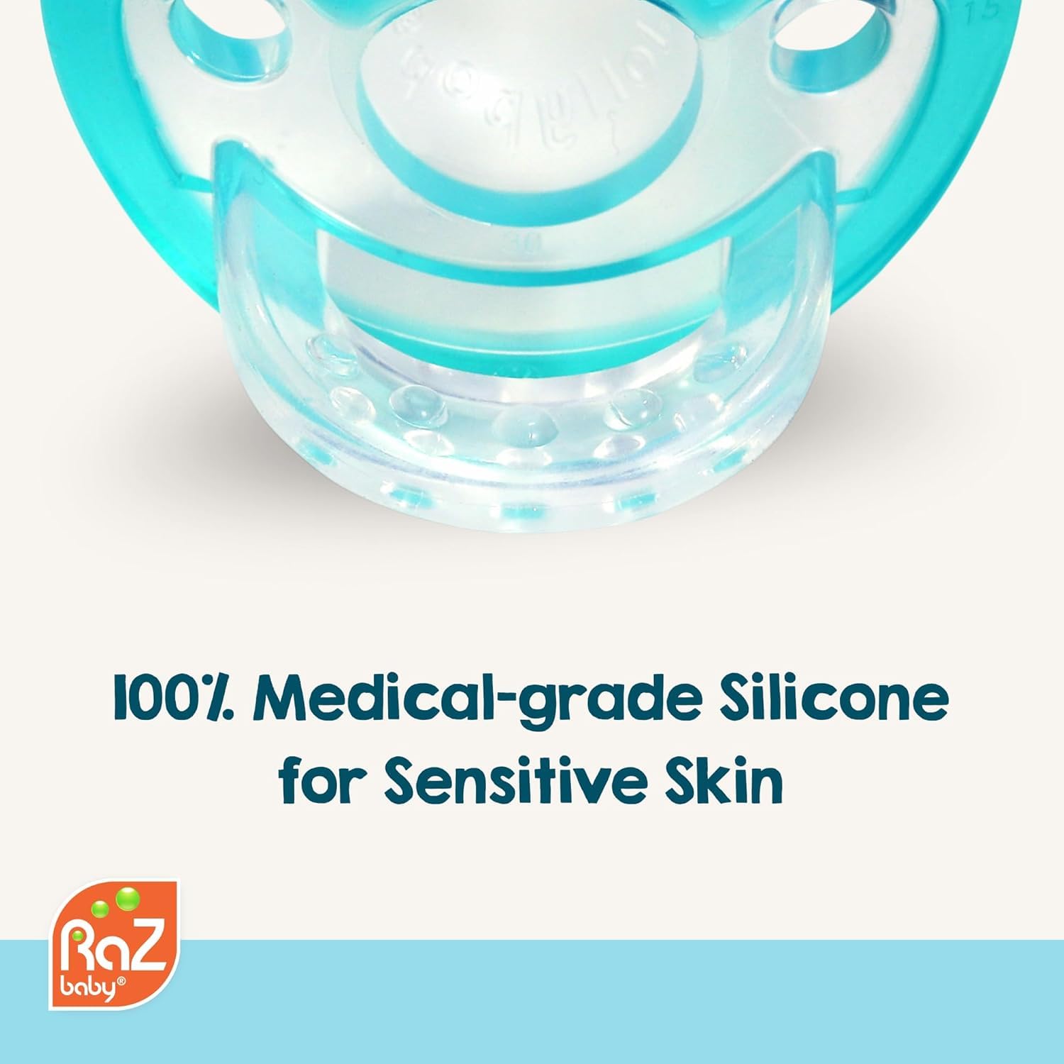 RaZbaby JollyPop pacifier features orthodontic nipple for natural development.
