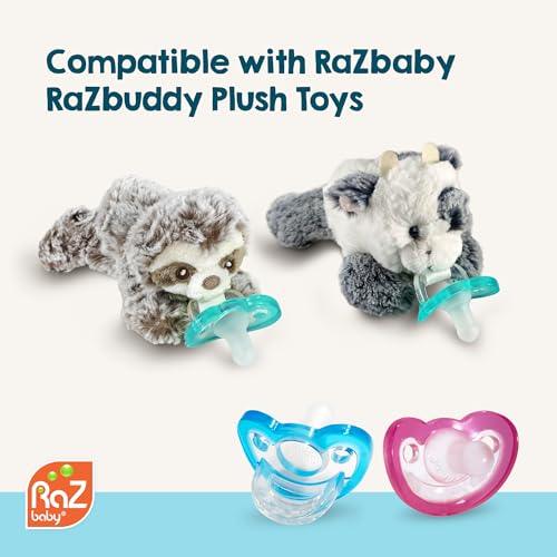 Two-pack pink RaZbaby JollyPop pacifiers ready for use