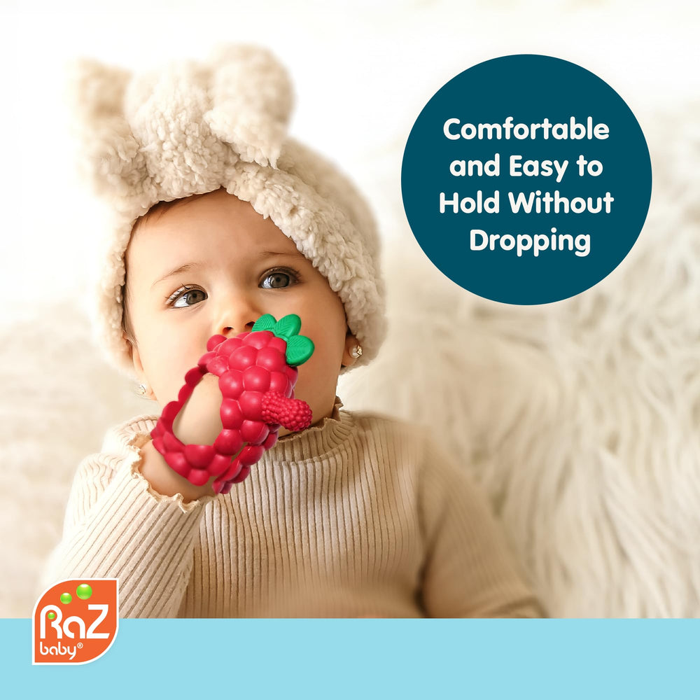 RaZbaby RaZberry Grip teether BPA-free material promotes safe chewing.